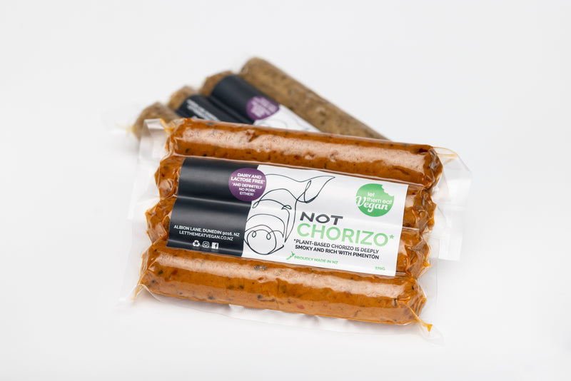 Not Chorizo — vegan chorizo-style sausages with orange zest by Let Them Eat Vegan, front of pack