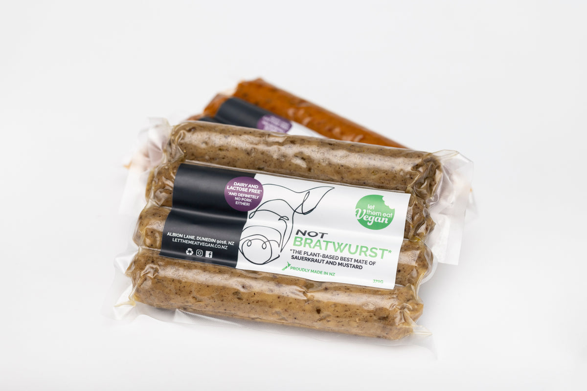 Not Bratwurst — vegan bratwurst-style sausages by Let Them Eat Vegan, front of pack