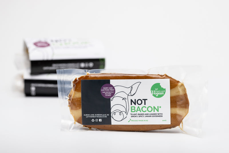 Not Bacon — award-winning vegan smoky bacon-style rashers by Let Them Eat Vegan, front of pack