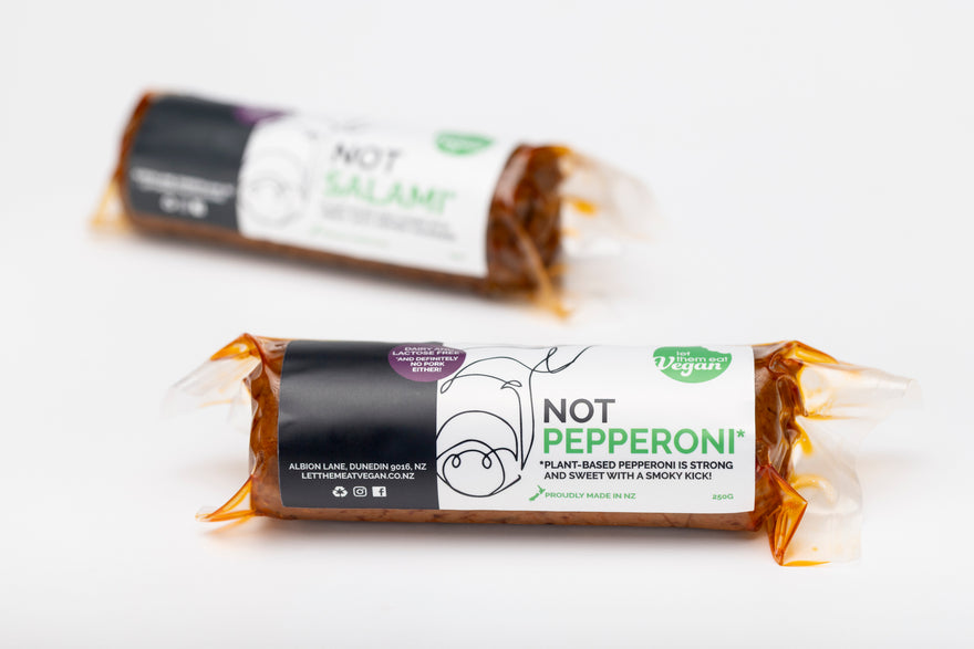 Not Pepperoni — vegan pepperoni-style roll by Let Them Eat Vegan, front of pack