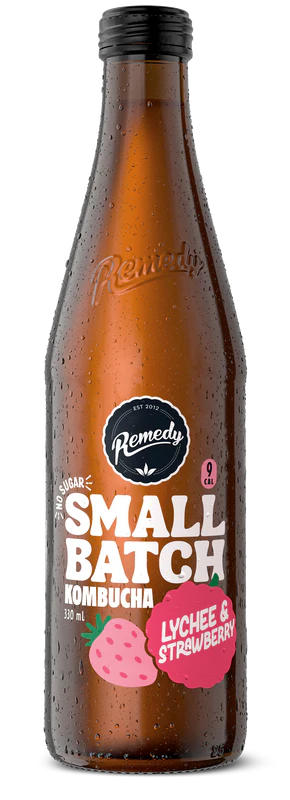 Bottle of Remedy small batch lychee and strawberry kombucha