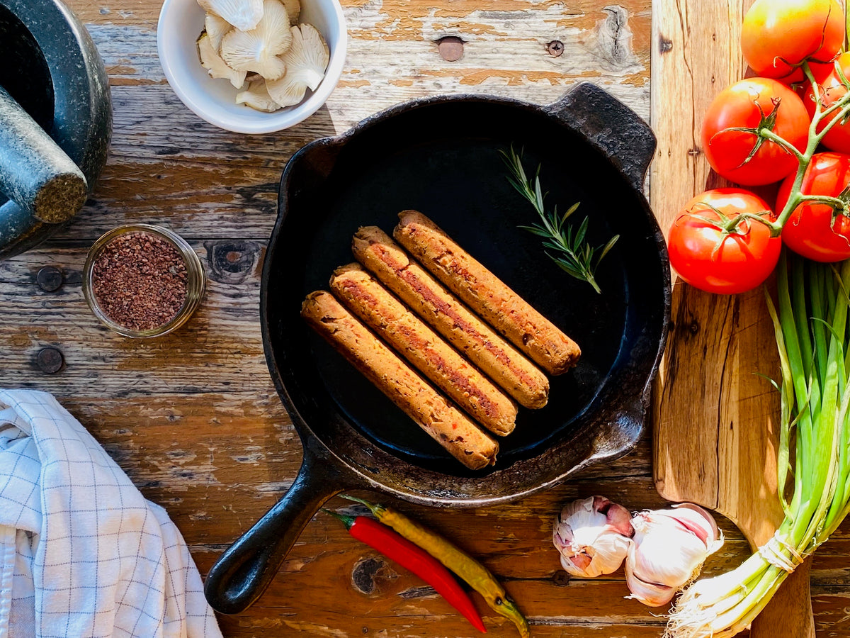 Not Chorizo — vegan chorizo-style sausages with orange zest, additional shot